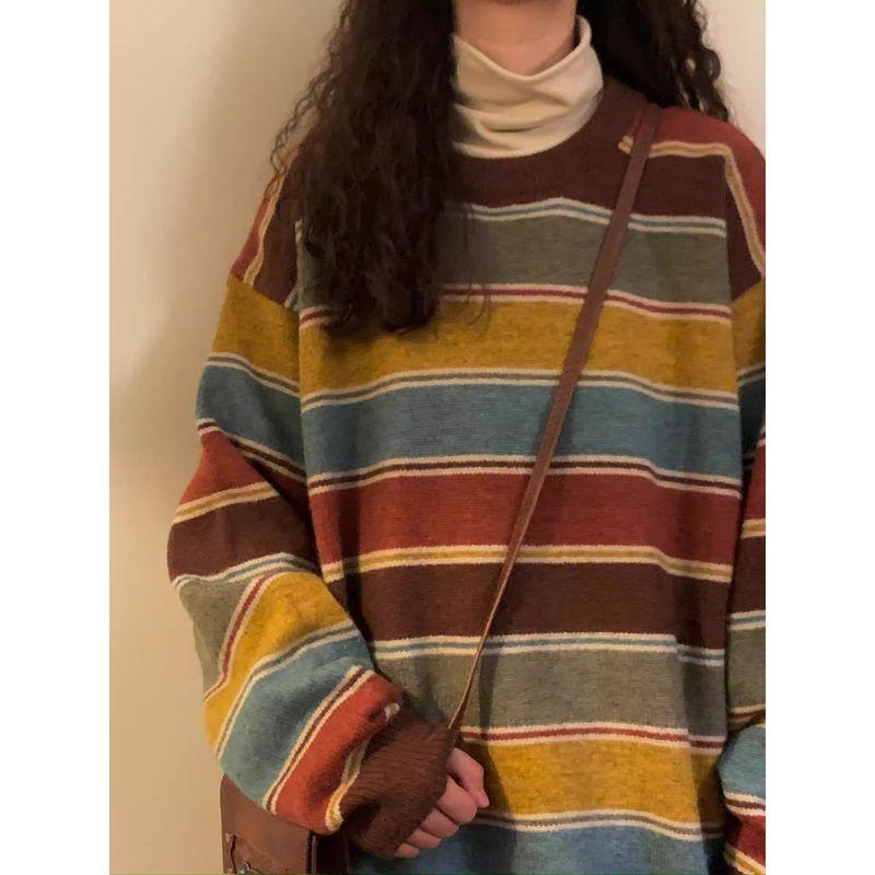 

Осень и Зима Новое Поступление Американский Ретро Полоски Свободный Трикотаж Топы Непринужденный Преппи Стиль круглый Вырез Универсальный Свитер Верхняя Одежда Женщины Stripes Sweater S