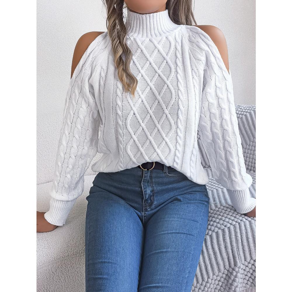 Women's Knitted Sweater Autumn/Winter Top Casual Cable-Knit Off-Shoulder Half-High Neck Long-Sleeved Pullover Women's Wear