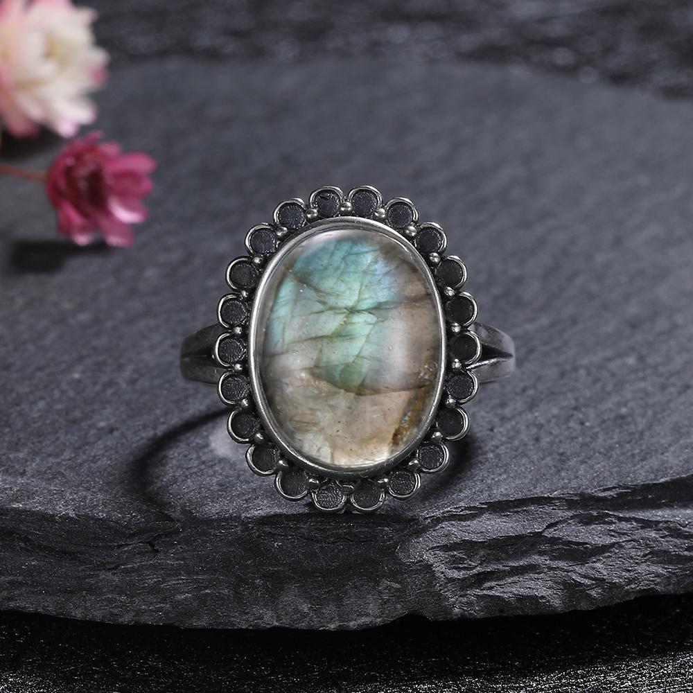 CopperRing for Women Oval Round Natural Labradorite Ring Gift Sun Shaped Retro Luxury Fine Jewelry