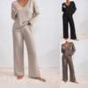 Women's Loose Fit Two-piece Loungewear Set Long Sleeve Knit Top Elastic Waist Wide Leg Pants Solid Ribbed Casual Tracksuit