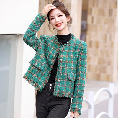 Giacca autunno inverno da donna stile corto scozzese verde alla moda