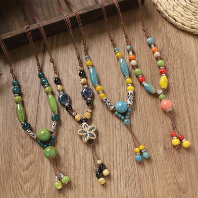 Retro Ceramic Beaded Necklace for Women, Handmade Long Sweater Chain, Ethnic Vintage Chinese Style Jewelry