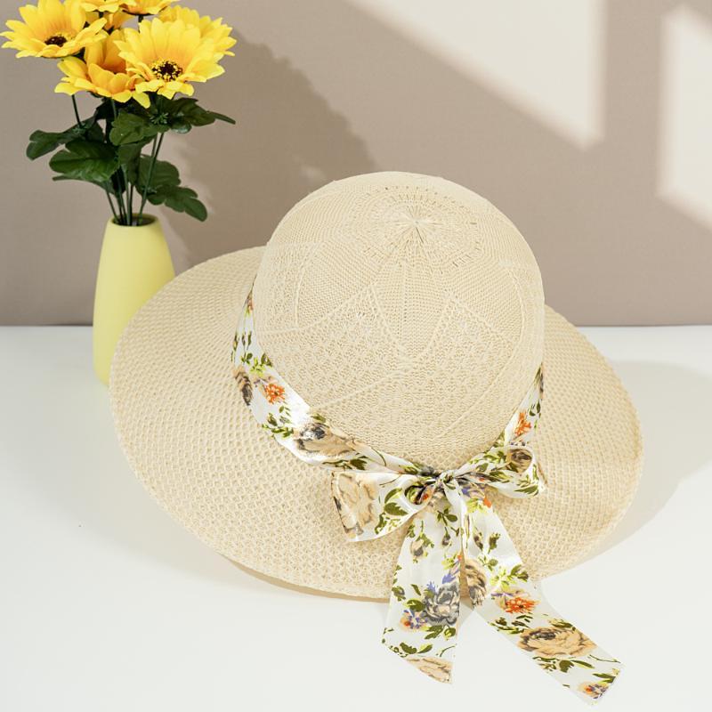 Beige Wide Brim Straw Sun Hat Foldable Polka Dot Bow Ribbon UV Protection for Summer Pool Party Travel Use