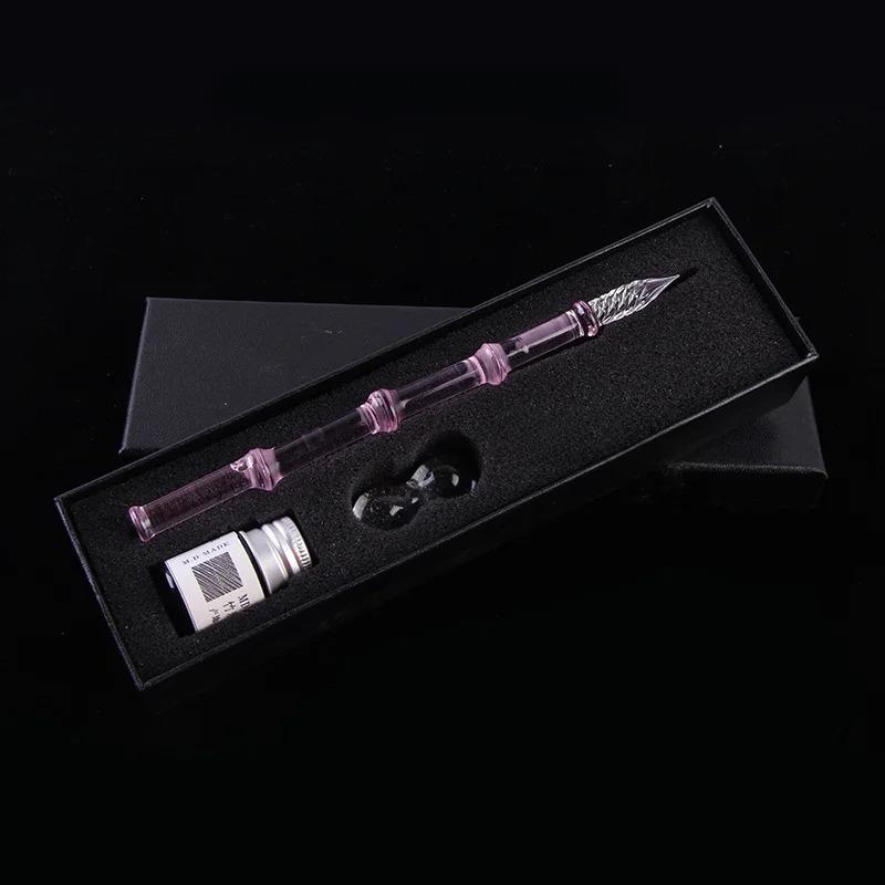 Bamboo Glass Dip Pen with Artistic Colored Ink Calligraphy Crystal Signature Pen for Drawing Writing Office School Supplies