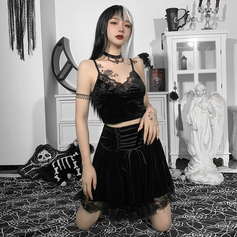 Gothic Vintage Black Lace Up Skirt Girl Croset Velvet Party Mini Skirts Streetwear