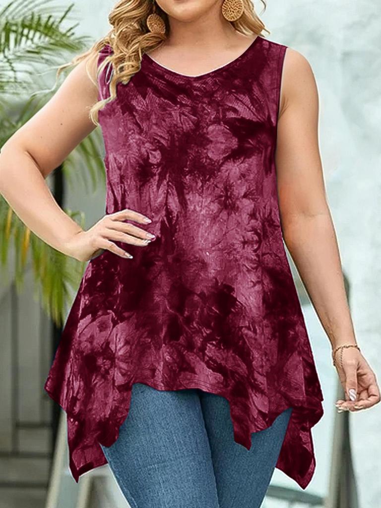 2026 Summer Tie-Dye Irregular Hem V-Neck Sleeveless Plus Size Women's Top