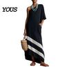 Women Casual Dress One Shoulder Maxi Dress, Color Block Loose Solid Long Summer Beach Vacation Flowy Sundress with Pockets Elegant