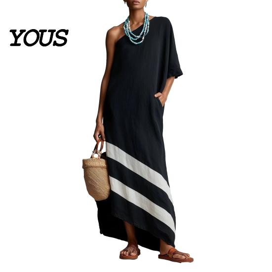 Women Casual Dress One Shoulder Maxi Dress, Color Block Loose Solid Long Summer Beach Vacation Flowy Sundress with Pockets Elegant