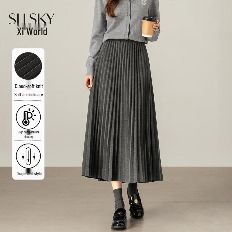 SLLSKY Women s Knitted Accordion Pleated Mid-Length Skirt M