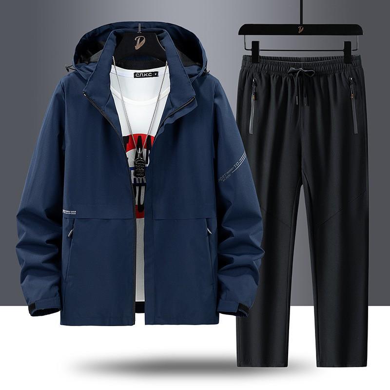 Mens Lightweight Hooded Outdoor Jacket Pants Set Hiking Trekking Fall Casual Sport Wear