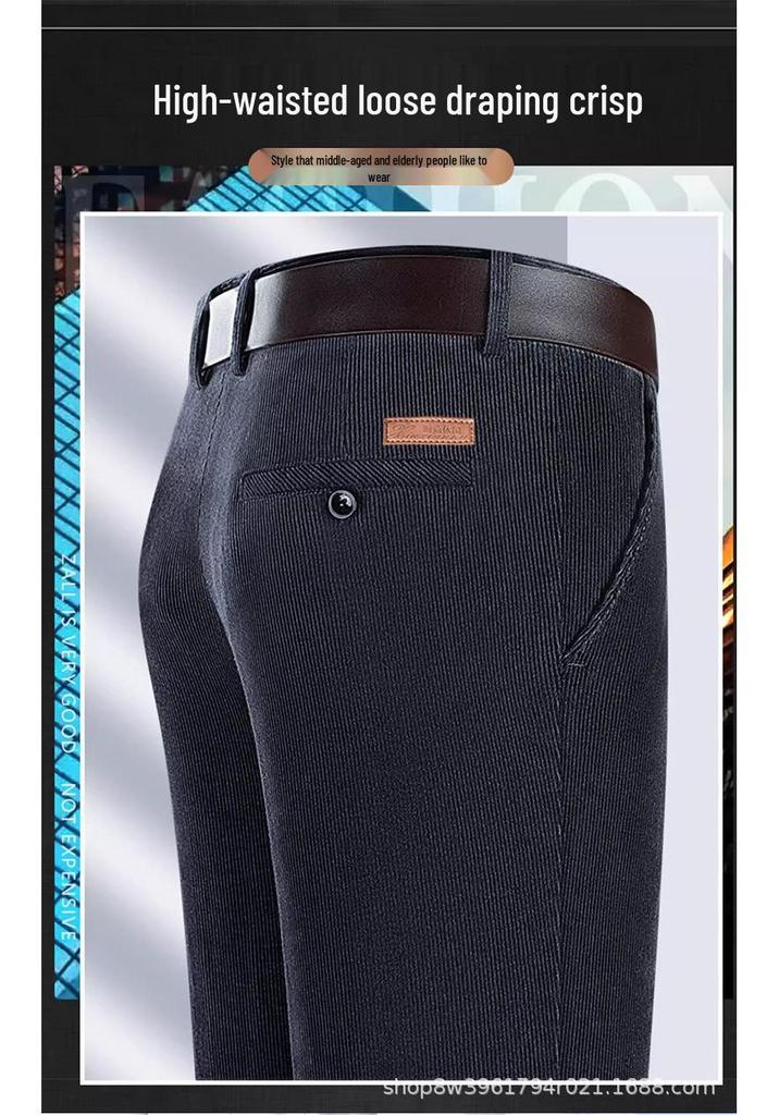 Men's Striped Corduroy Pants – Velvet-Lined for Autumn/Winter, Ideal for Middle-Aged Dads, High-End Style.
