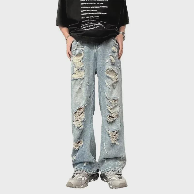 Retro High-Waist Distressed Wide-Leg Jeans
