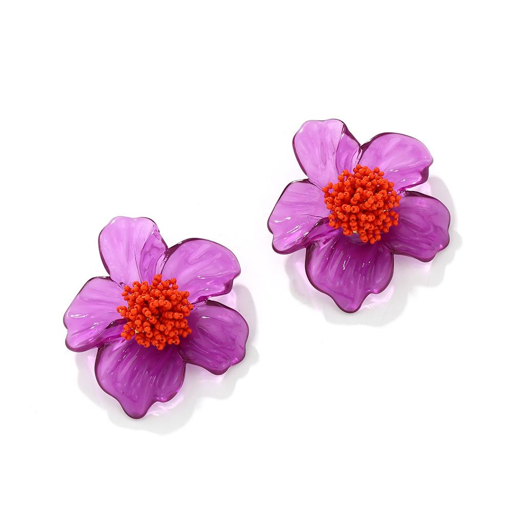 Exaggerated Handmade Bead Purple Resin Acrylic Large Flower Earrings