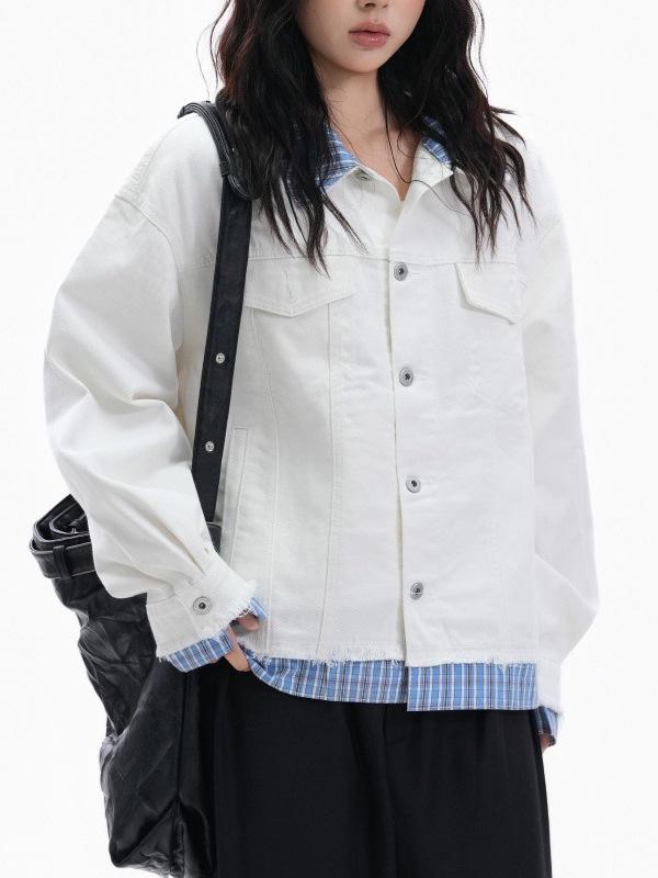 Unisex Trendy Plaid Patchwork Denim Jacket - American Retro Style