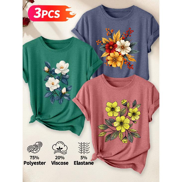 Lele Directional Three-piece set for women, elegant style T Shirt Hibiscus autumn leaves and berries floral print with an artistic and whimsical