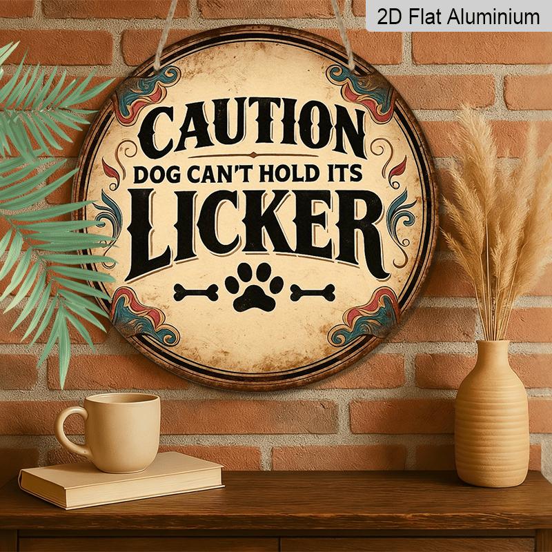 2D Flat, 1pc 7.87in Vintage Round Aluminum Sign, "Caution Dog Can't Hold Its Licker" Funny Quote with Paw & Bone Design, Retro Dog Warning Wall Decor