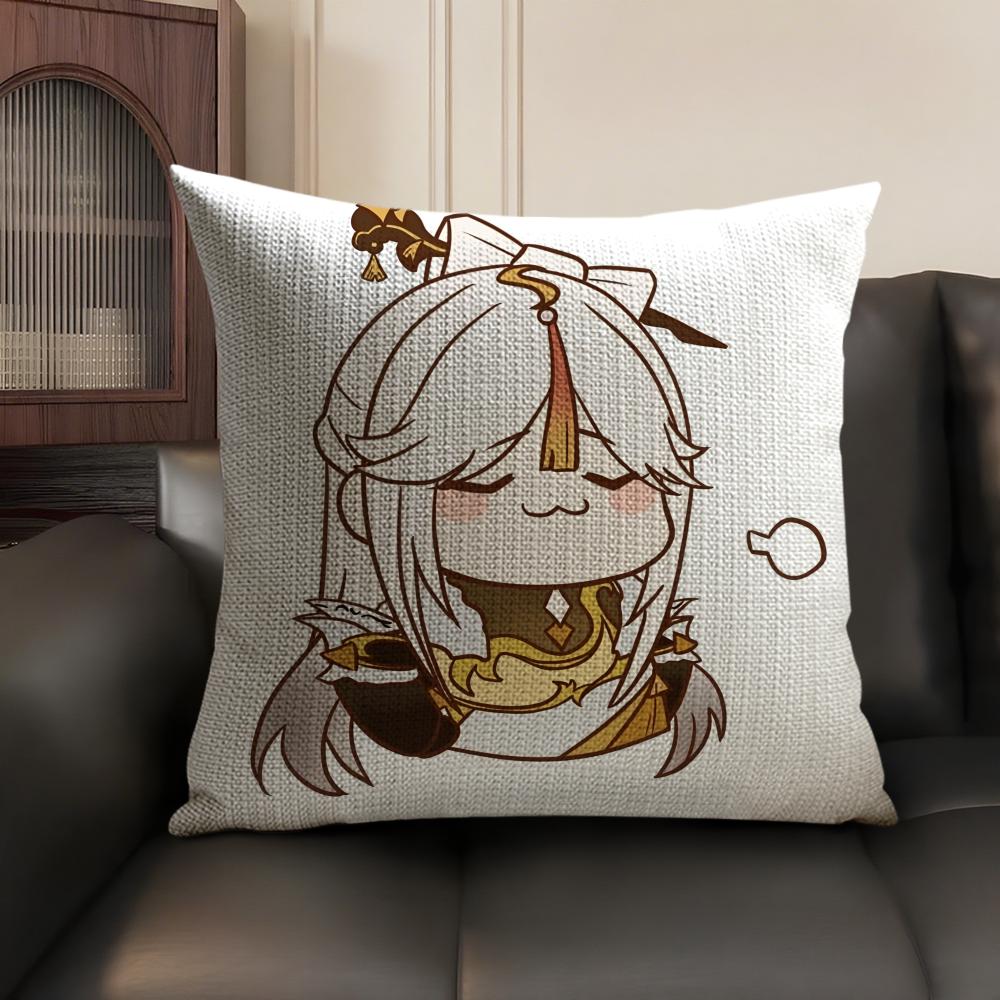 Ningguang Cute Genshin Impact Cushion Cover Natural Linen Organic Fabric Double-Sided Printing Sofa Home Decor Gift Pillow Case