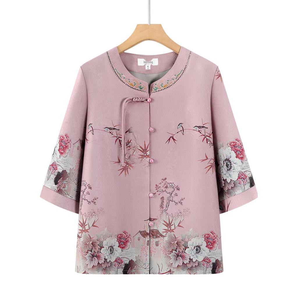 Stylish Summer Set for Women: Chinese-Inspired Short-Sleeve Top and Pants for Middle-Aged and Elderly Ladies
