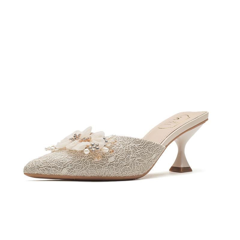 Niche design bag head sandals women's rhinestone flowers wear thin heels high heels single shoes not tired feet empty sandals