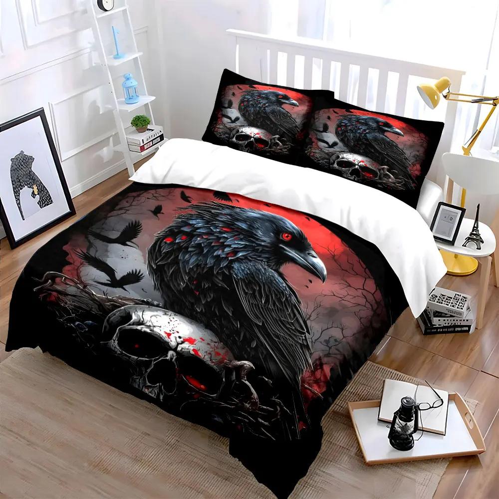 Black Raven with Crimson Background Print Bedding Set Black Raven Duvet Cover Pillowcases for Adult and Children Luxury Gift