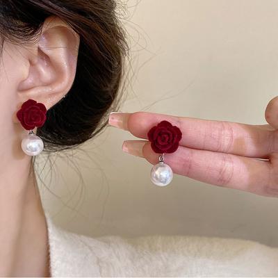 Korean Flocked Flower Pear Earings Fashion Jewelry Elegant Bowknot Rose Earrings for Women Stud Earrings Pendientes Gifts
