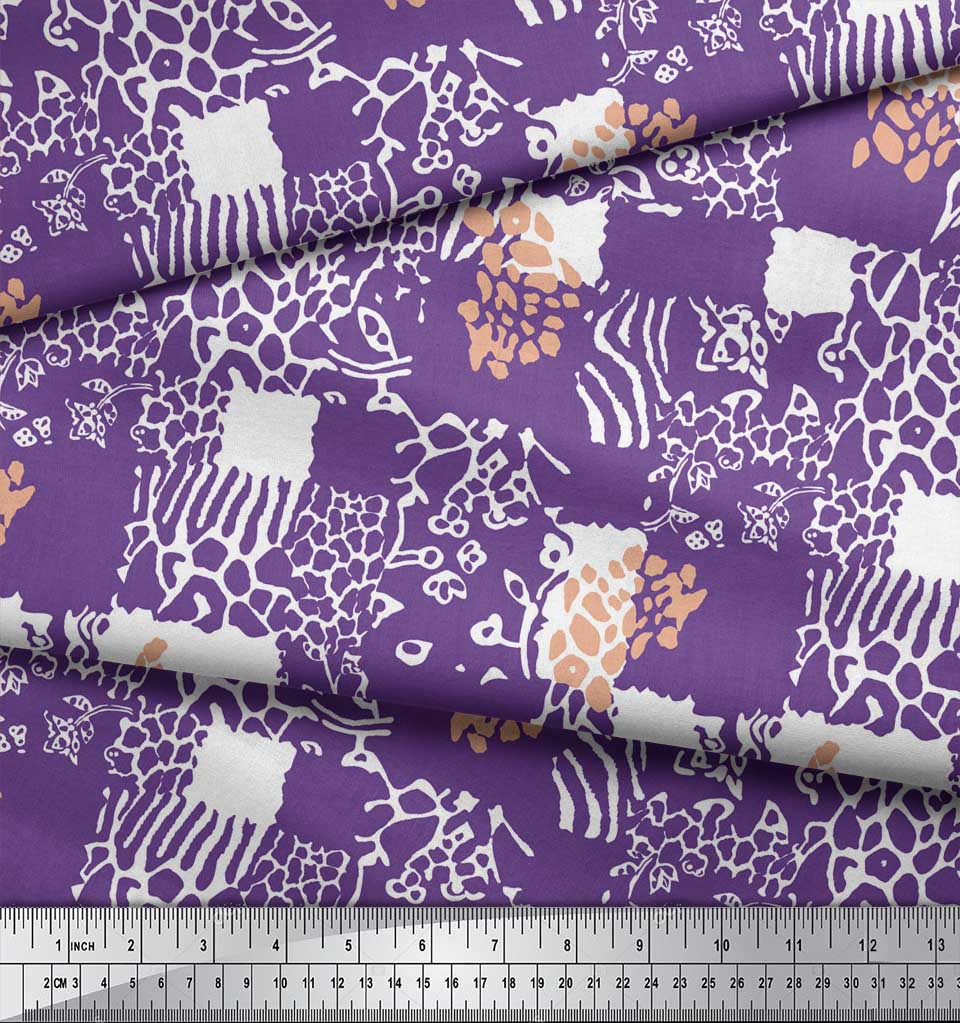 Soimoi Purple Japan Crepe Satin Fabric Brush Stroke & Leopard Animal Skin Printed Fabric 1 Metre 42 Inch