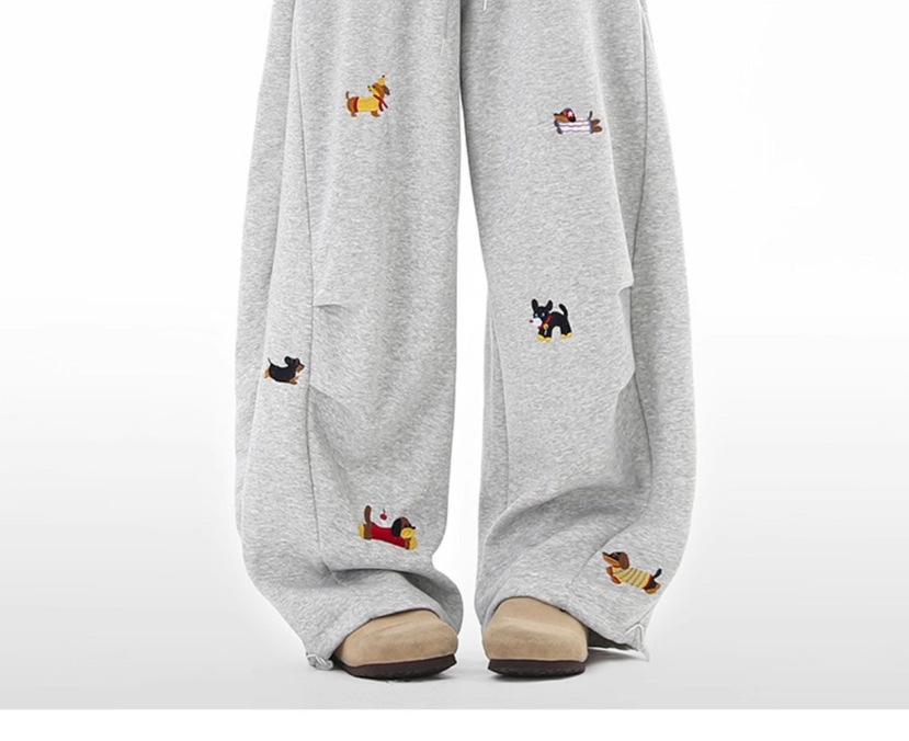 Unisex Retro Embroidered Puppy Wide Leg Pants - Lazy Style, Straight Leg, Crooked Knife Design for Spring and Autumn