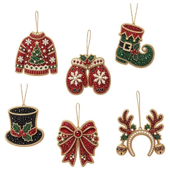Seasonal Festive Hanging Decor 6 Pcs Christmas DIY Faux Pearl Painting Kit Ornaments, Rhinestone Art Party Decorative Supplies Tree Decoration