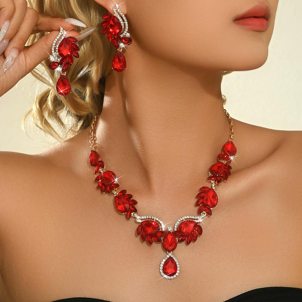 Exotischer Böhmischer Sommer Braut Halskette Ohrringe 2-teiliges Set Blume Blatt Kristall Romantisch Retro Strandhochzeit