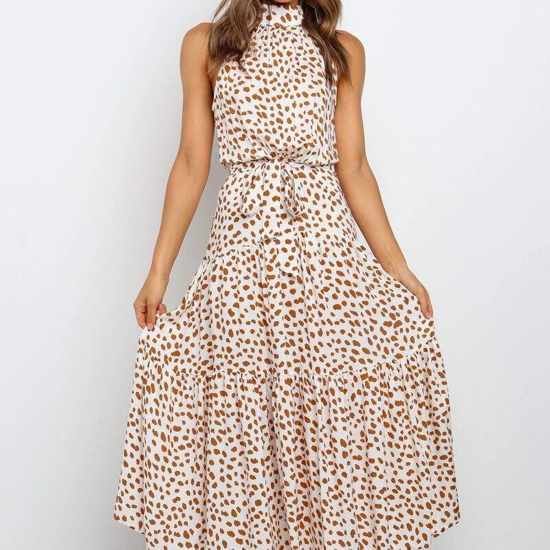 Sexy Neck-mounted Dot Beach Dress For Holiday Summer Casual Sleeveless Floral Printed Long Dress Women Fashion Robe Femme 25765