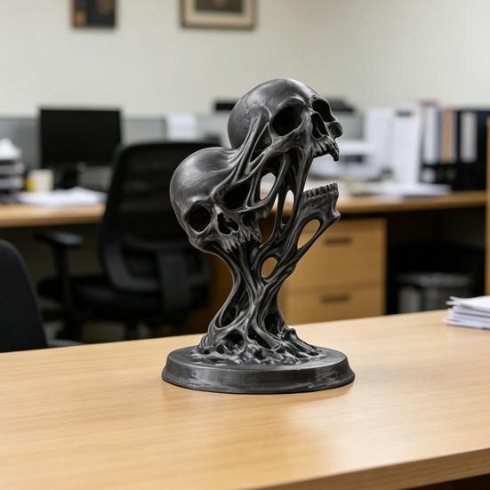 Jijijing Integrated Molding Process Figure, 3D Printed Double Skull Art Ornament, Abstract Fluid Statue, Dark Style Decoration for Living Room