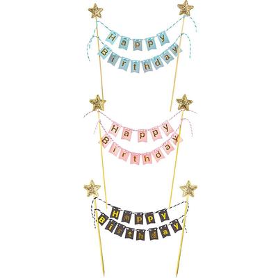 Boys Girls Baby Shower Bunting Happy Birthday Gold Stars Cake Topper Party Supplies Cake Flags Baking Decoration