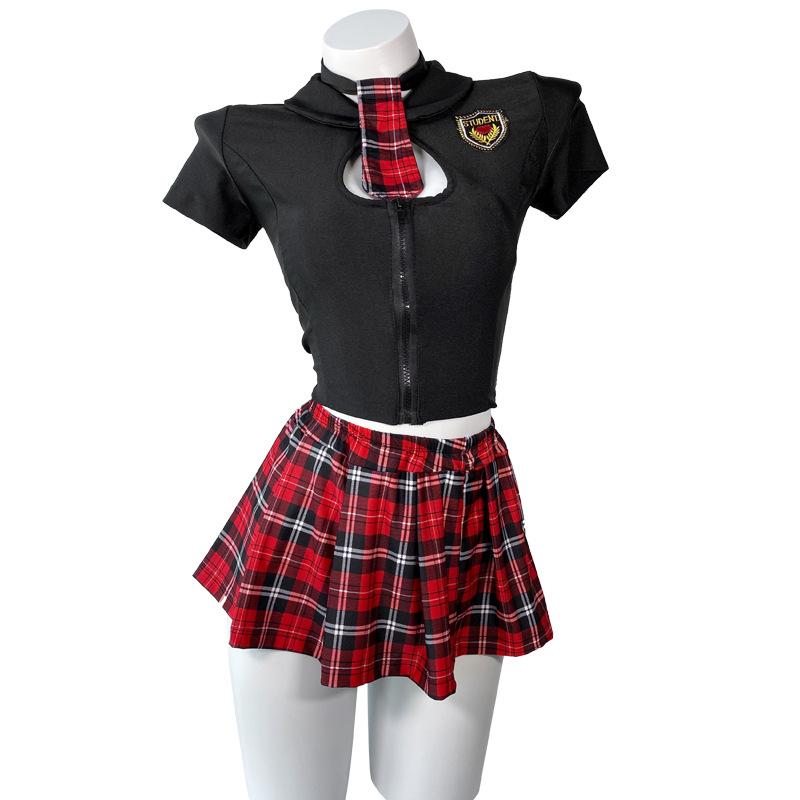 Pure Desire Campus Student Clothing JK Plaid Skirt Hollow Suit Sexy Split Suit Cosplay OL