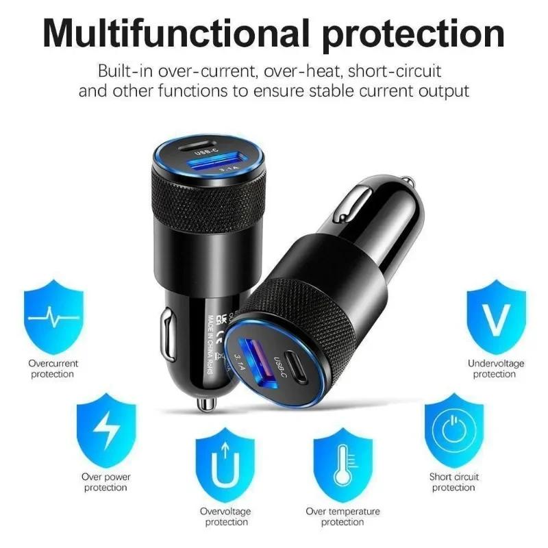 USB Quick Car Charger 12W 3.1A Type C PD Fast Charging Phone Car Adapter for Universal Phone