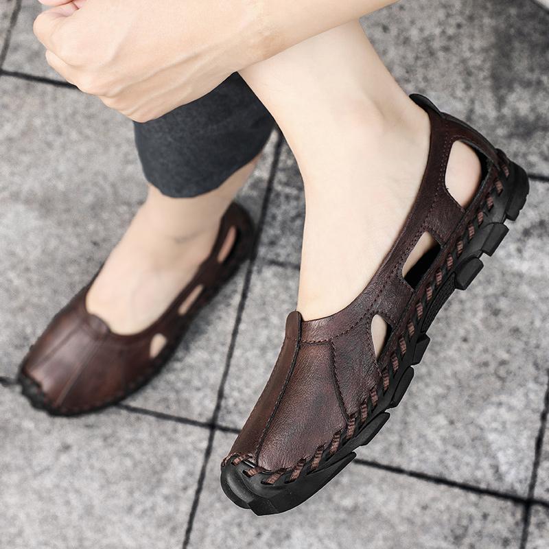 

Men Handmade Sandals Summer Roman Sandals Retro Black Brown Leather Closed Toe Slip on Beach Shoes Plus Size EU:48 коричневий