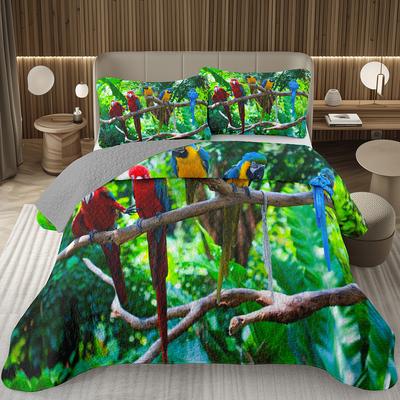 Colchas de Animales Salvajes y Pájaros Colcha Acolchada de Loro Ropa de Cama de Planta Botánica Rama de Árbol Juego de Colcha de Fauna Silvestre Individual/Matrimonial/Queen/King