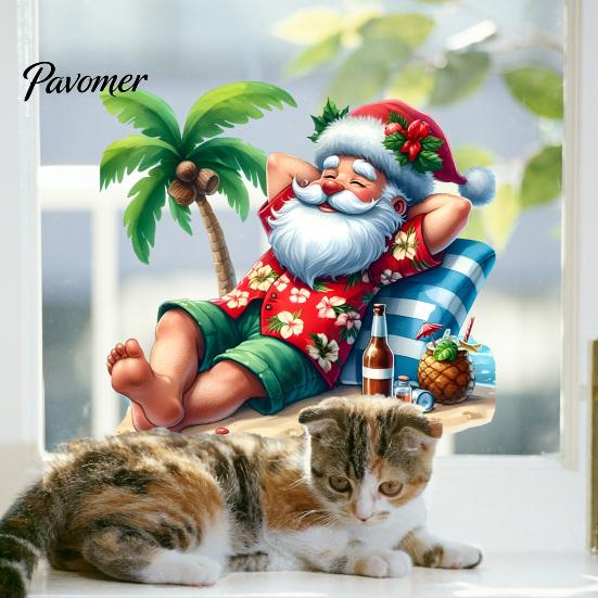 Outdoor Balcony Glass Stickers Tropical Beach Santa Claus Static Window Sticker, Waterproof PVC Decal, Seaside Sunproof Holiday Clings for Door