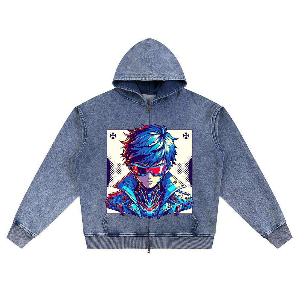 DTG print Knitted Denim Zip-Up Hoodie Cool Boy Brother Print Zipper Hoodies