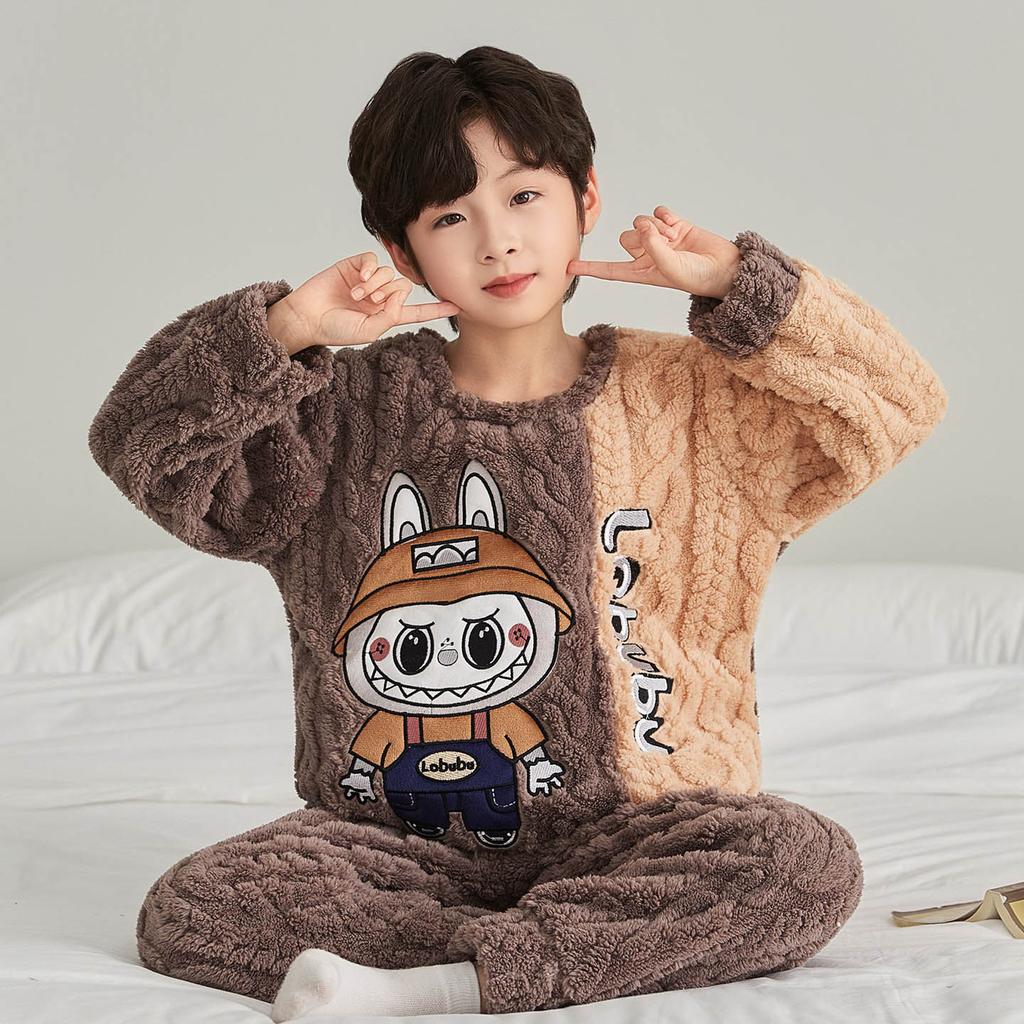 Kids Flannel Pajamas Set Boys Girls Warm Long Sleeve Top And Pants Sleepwear Winter Home Nightwear