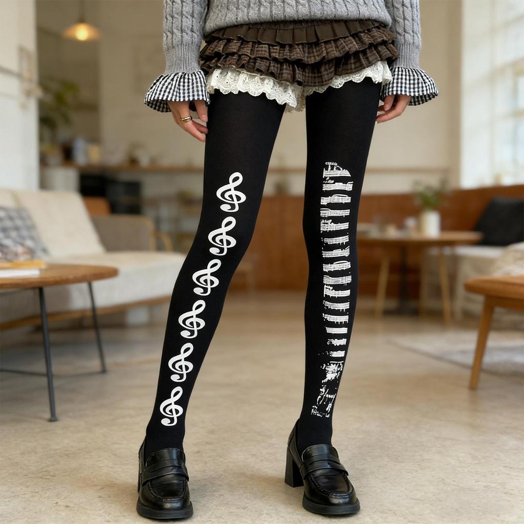 Vintage Y2K Lolita Music Note Piano Print Pantyhose for Women Sexy Stockings Korean Sweet Cool Hosiery Thin High Elastic Socks