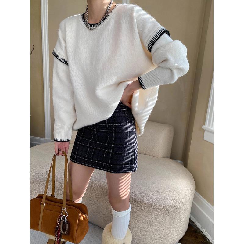 

Синан Контрастный цветной дизайн Сплит-дизайн Сшитый вручную круглый вырез свободный свитер (SN6943) One Size белый