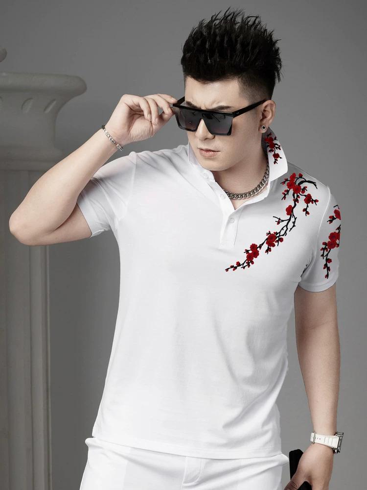 Guochao 2025 New Style Plum Blossom Embroidered Lapel Polo Shirt for Men, Summer Business Casual Short-Sleeve T-Shirt Men's Top