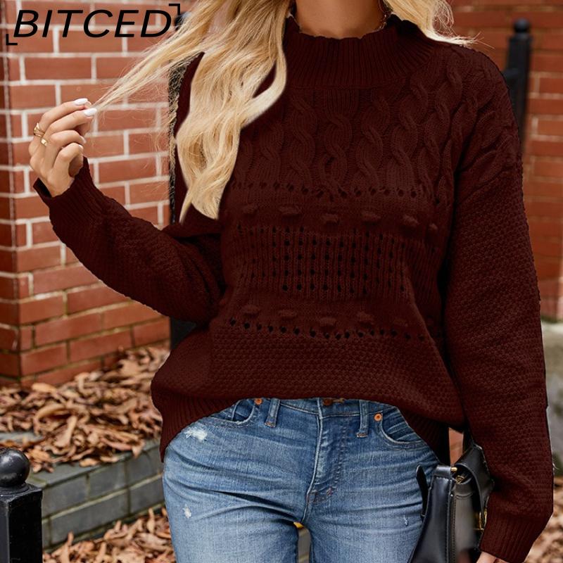 BITCED Women's Casual Loungewear Sweater Autumn/Winter Solid Colour Fashion Long-Sleeved Pullover Knit Sweater
