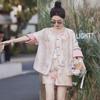 Women's Summer Chinese-Style Slim Shorts & Printed Cardigan Two-Piece Set