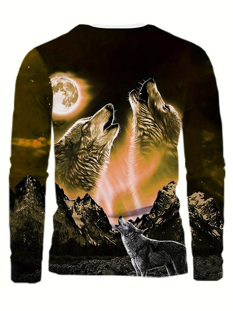 Men's Wolf-Themed 3D Digital Printed Long-Sleeve T-Shirt - Casual and Comfortable Crew Neck Pullover