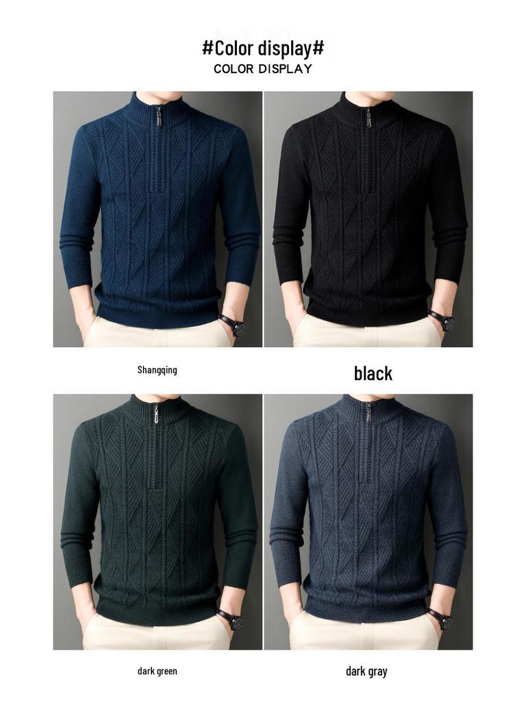 Men's Thick Warm Half-Zip Knit Sweater - Business Casual Pullover for Autumn/Winter