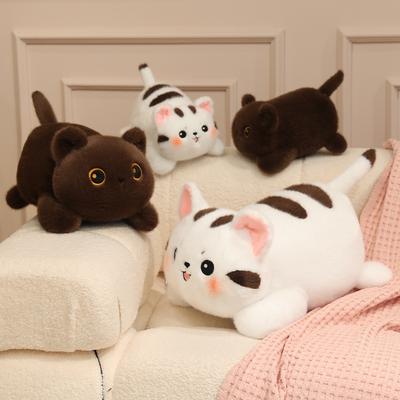 Adorable Fatty Lying Cat Doll Plush Toy Soft Stuffed Animal White Brown Kitten Comfort Pillow Sofa Cushion for Girls Gifts Decor