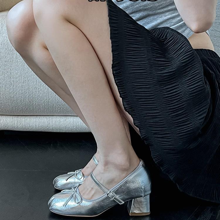 Sheepskin~ Invisible inner height increase 8.5CM small man with bow Mary Jane shoes silver thick heel single shoes women