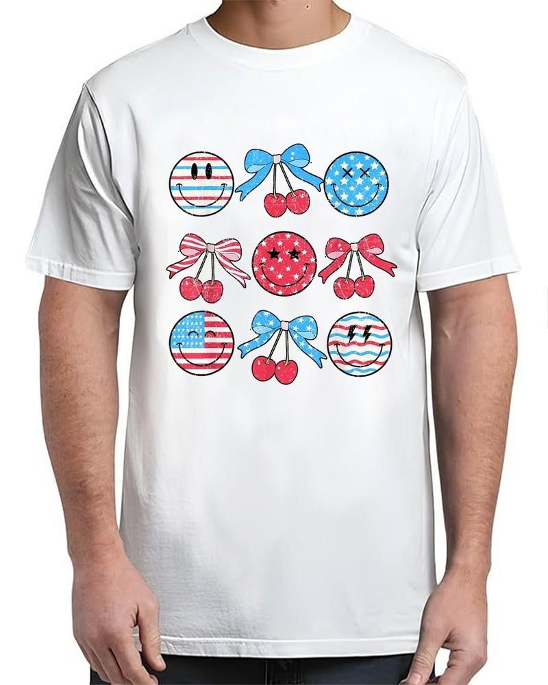 

4th Of July Smile Face Cherries Bow Red White Blue Vintage Adult S-4XL Unisex T-Shirt XXXL