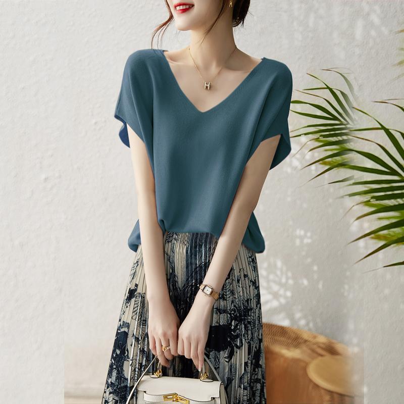 Summer New Thin Fashion Bat Sleeve Casual Loose Knitted Shirt Women Solid Elegant Ice Silk Blouse Women Simple Slim Office Ladies Shirts Tops 26633